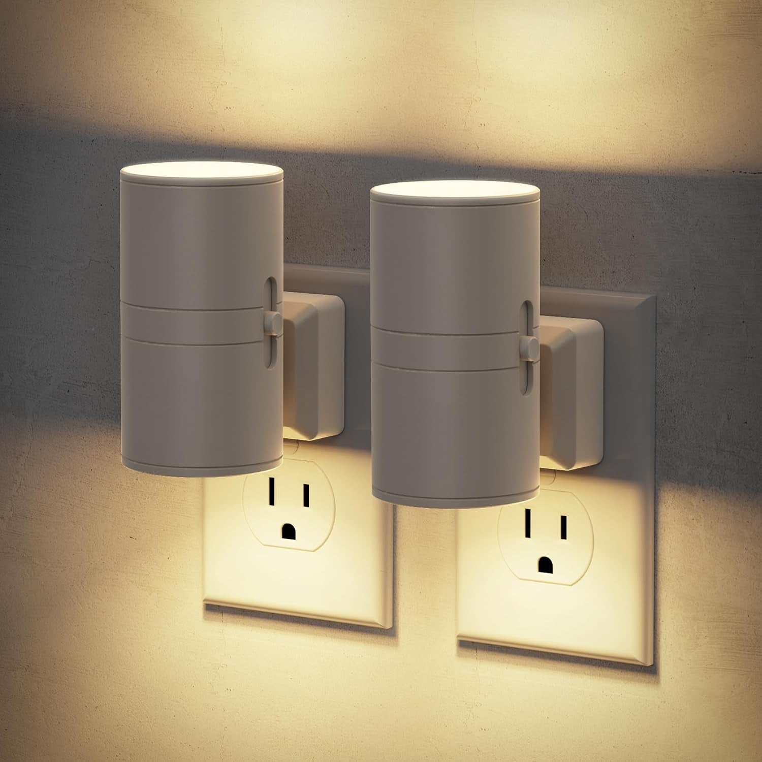 Night Lights Plug into Wall, Dimmable Gray Night Lights with Dusk to Dawn Light Sensor, Soft White 3000K, 0-100LM Adjustable Brightness Nightlight for Hallway Bathroom, 2 Pack