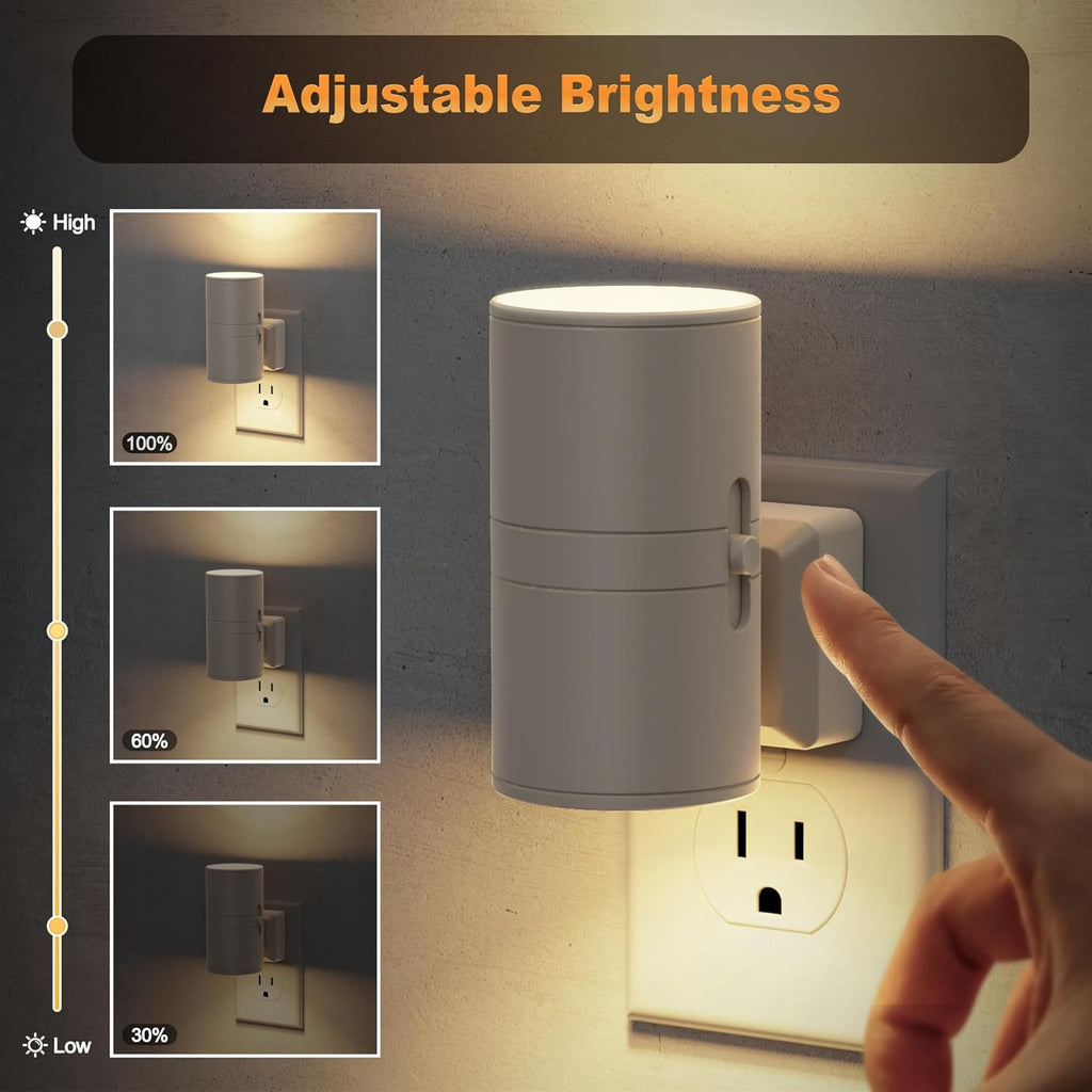 Night Lights Plug into Wall, Dimmable Gray Night Lights with Dusk to Dawn Light Sensor, Soft White 3000K, 0-100LM Adjustable Brightness Nightlight for Hallway Bathroom, 2 Pack