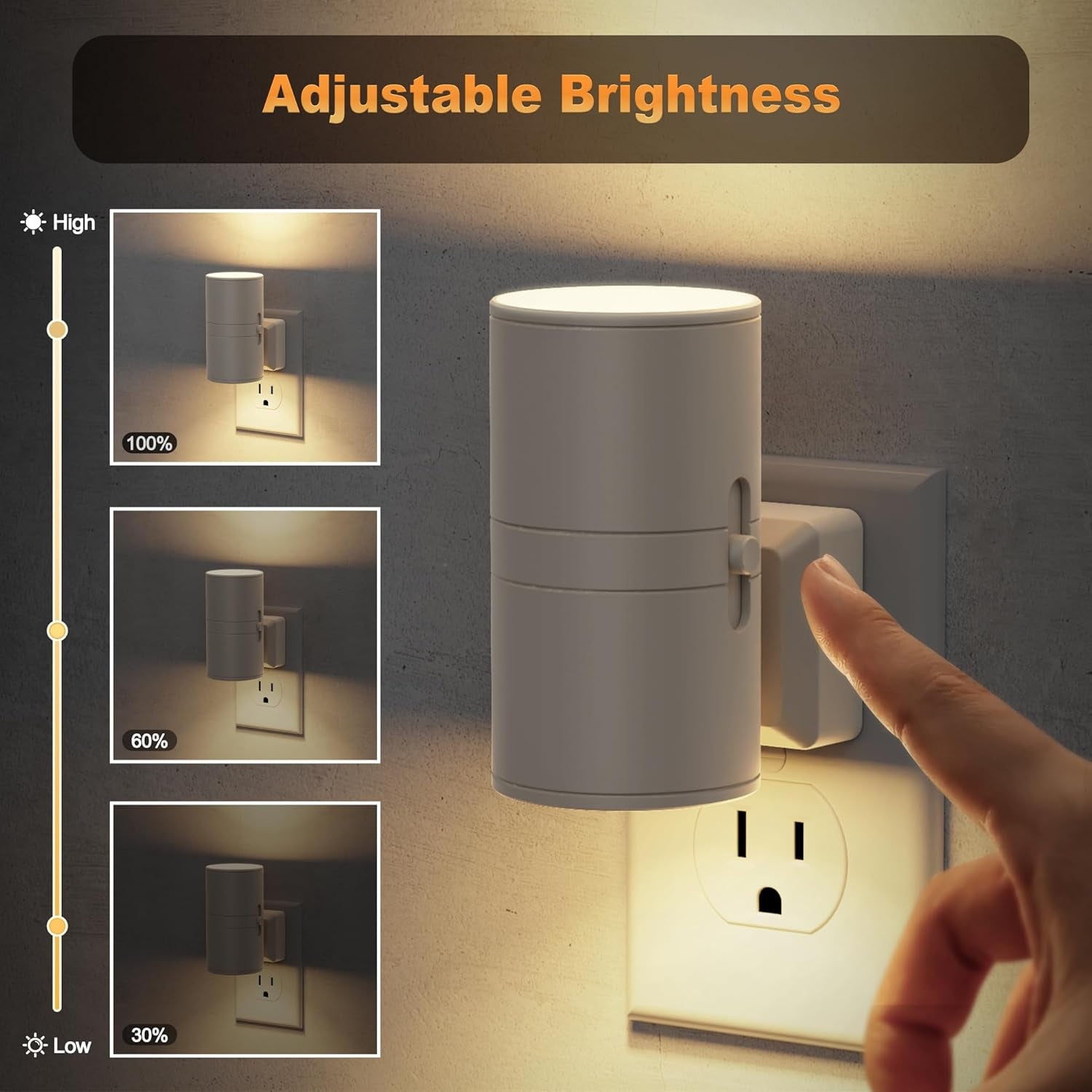 Night Lights Plug into Wall, Dimmable Gray Night Lights with Dusk to Dawn Light Sensor, Soft White 3000K, 0-100LM Adjustable Brightness Nightlight for Hallway Bathroom, 2 Pack