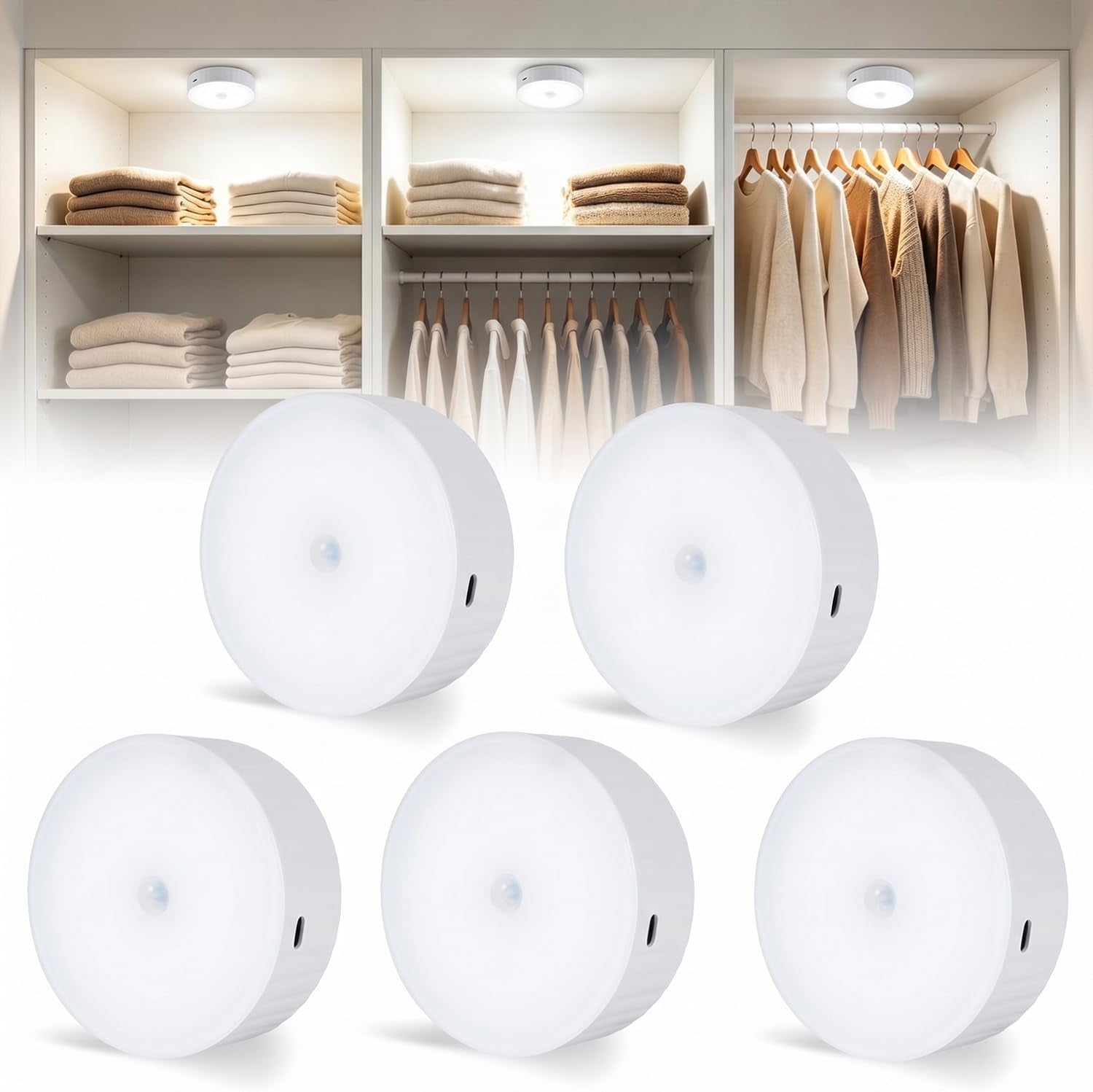 Under Cabinet Lighting 5Pack, 2000Mah Rechargeable Puck Lights, 3.5" Wireless Closet Lights, Motion Sensor Light Indoor, Magnetic under Counter Lights for Kitchen, Pantry, Stairs (Cool White)