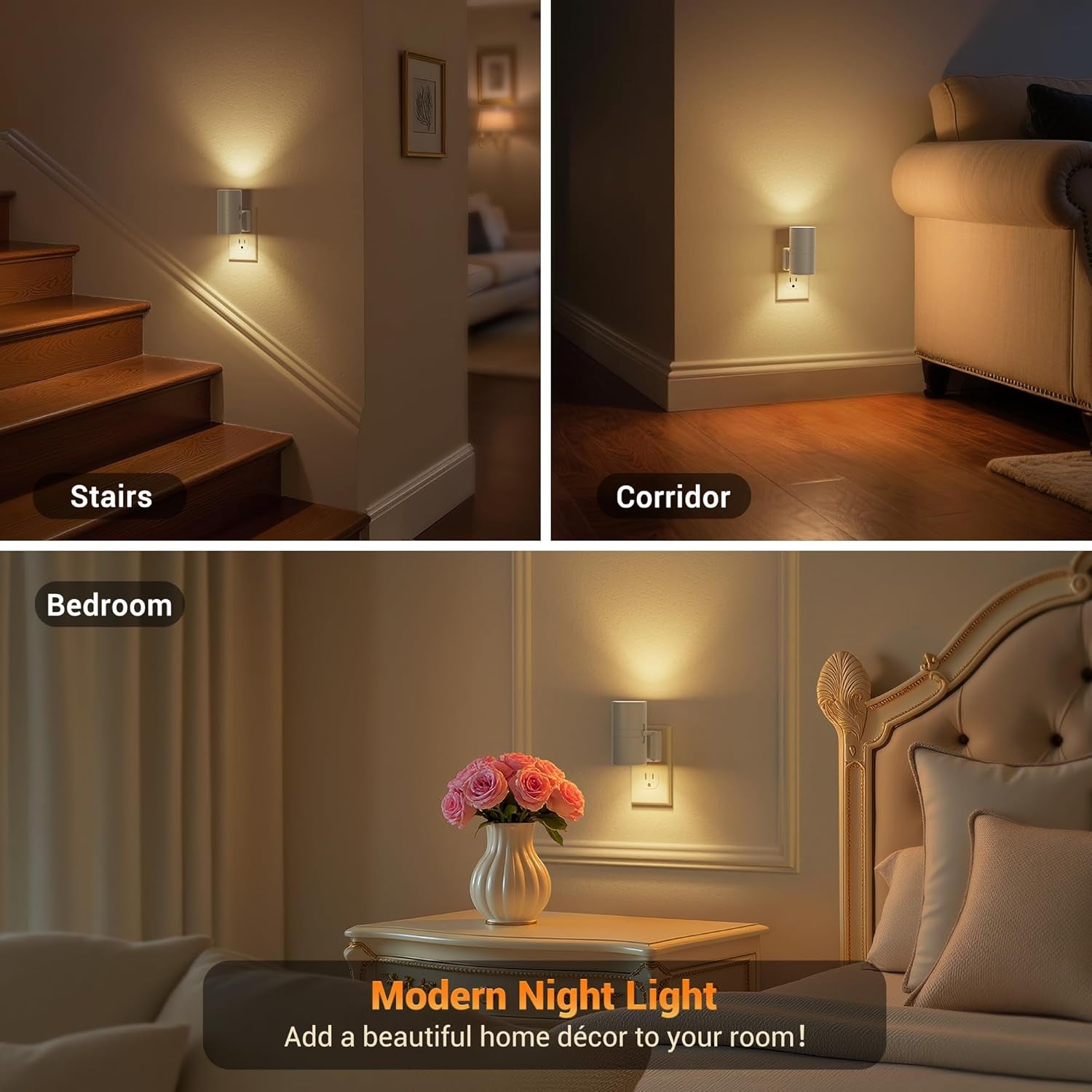 Night Lights Plug into Wall, Dimmable Gray Night Lights with Dusk to Dawn Light Sensor, Soft White 3000K, 0-100LM Adjustable Brightness Nightlight for Hallway Bathroom, 2 Pack