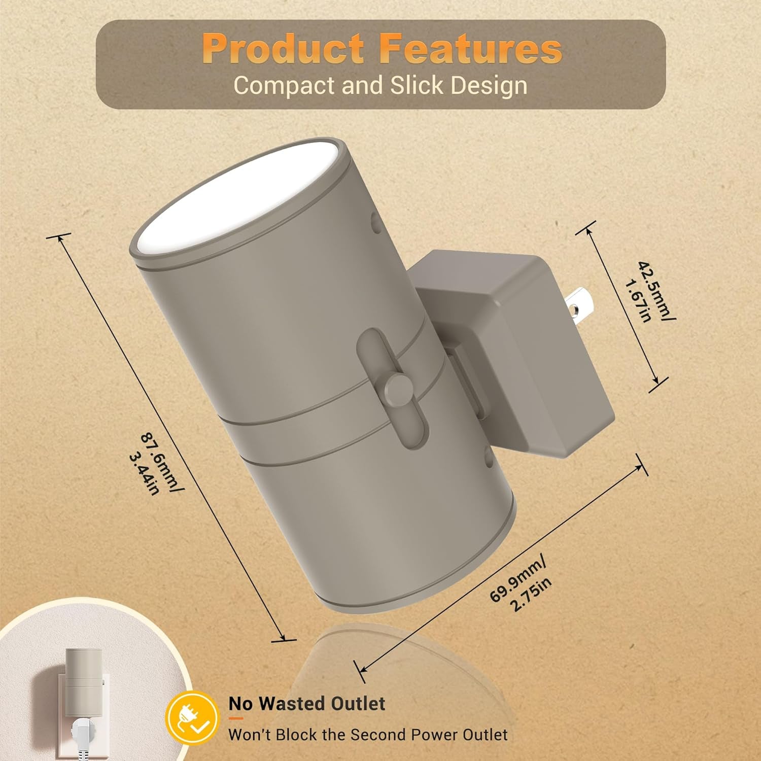 Night Lights Plug into Wall, Dimmable Gray Night Lights with Dusk to Dawn Light Sensor, Soft White 3000K, 0-100LM Adjustable Brightness Nightlight for Hallway Bathroom, 2 Pack
